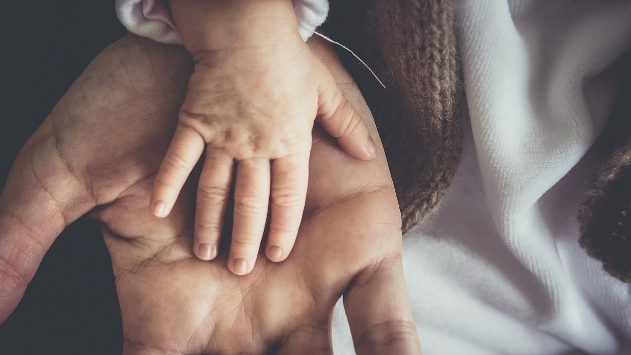 La mano de un bebé sobre la mano de un adulto